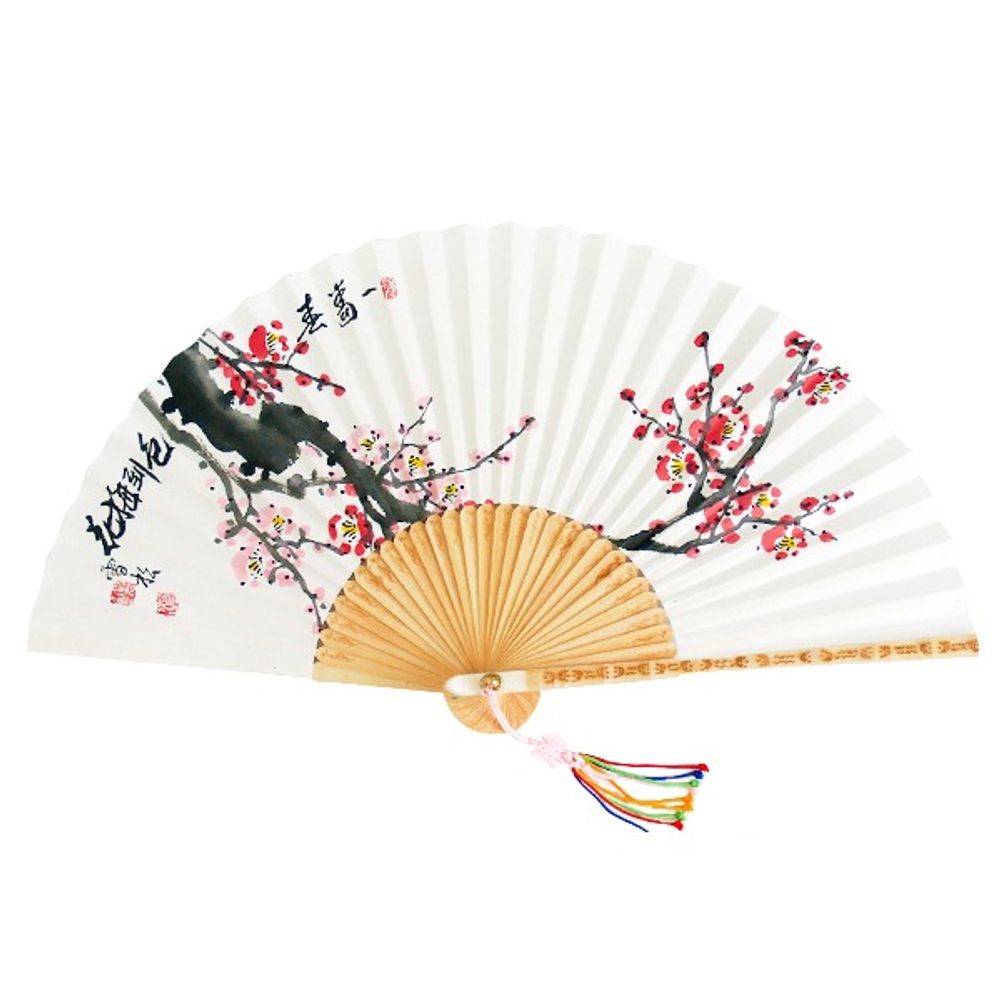 ATTY FACTORY Premium Traditional Korean Folding Fan – Hand-Painted Plum blossom on Hanji & Bamboo, Premium Craftsmanship, with Traditional Knot + Box + Silk Pouch – Made in Korea